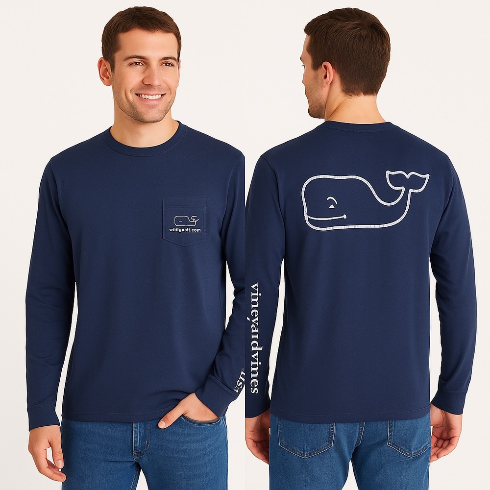 Vineyard Vines Navy Whale Logo Long Sleeve Pocket Tee Size M
